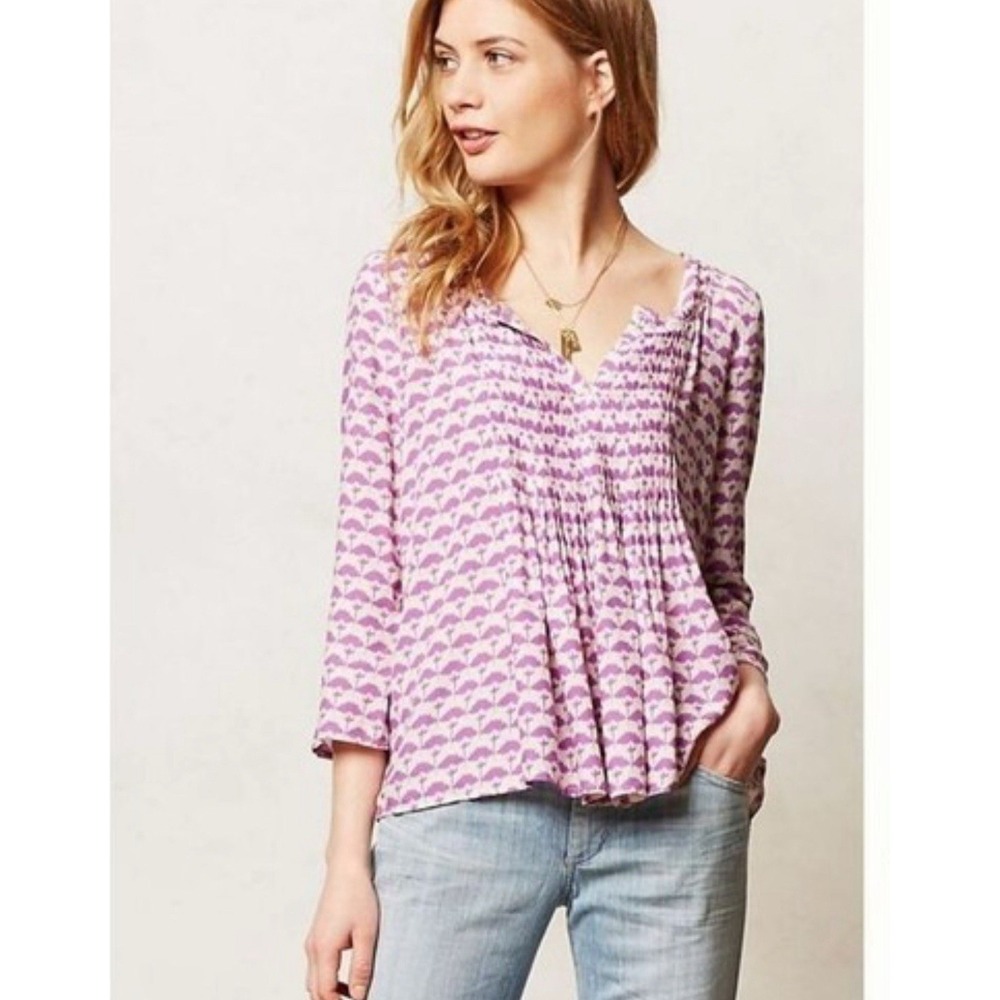 Anthropologie Vanessa Virginia Mahdia Purple Pintuck 3/4 Sleeves Blouse Top Sz 0